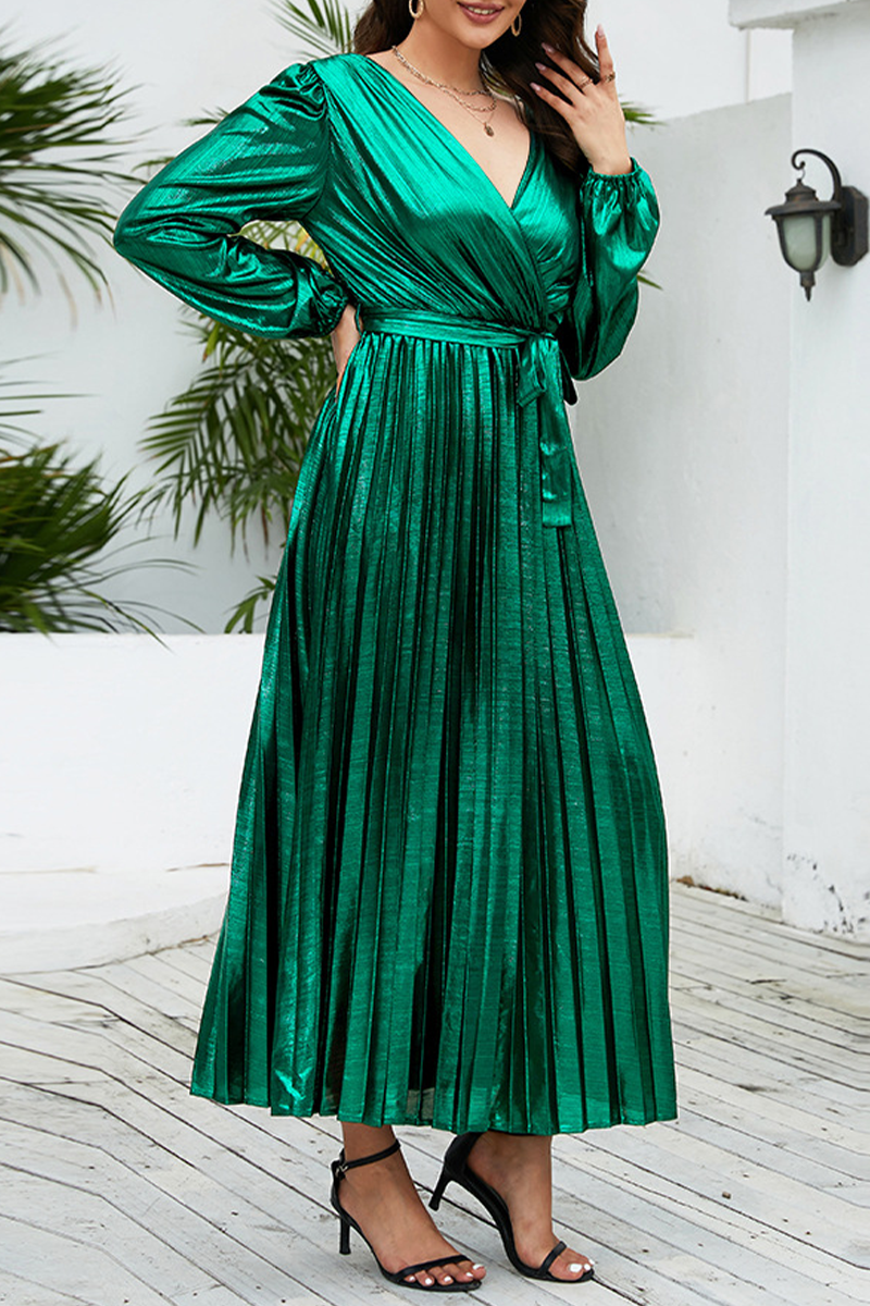 Cinessd Green Elegant Bronzing Frenulum Fold Reflective V Neck Pleated Dresses(With Belt)