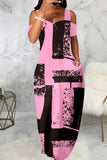 Cinessd Pink Casual Print Hollowed Out Square Collar Long Dress Dresses