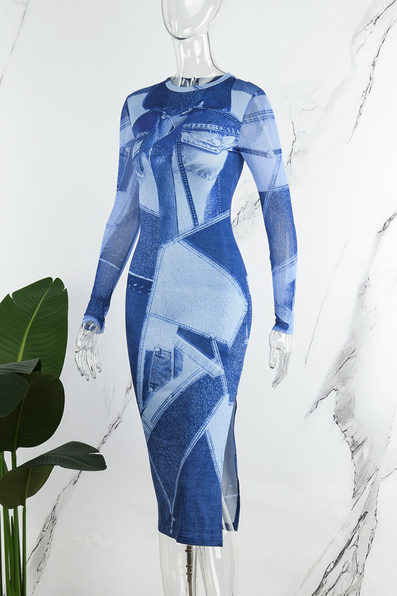 Cinessd Blue Street Geometric Patchwork Slit O Neck One Step Skirt Dresses