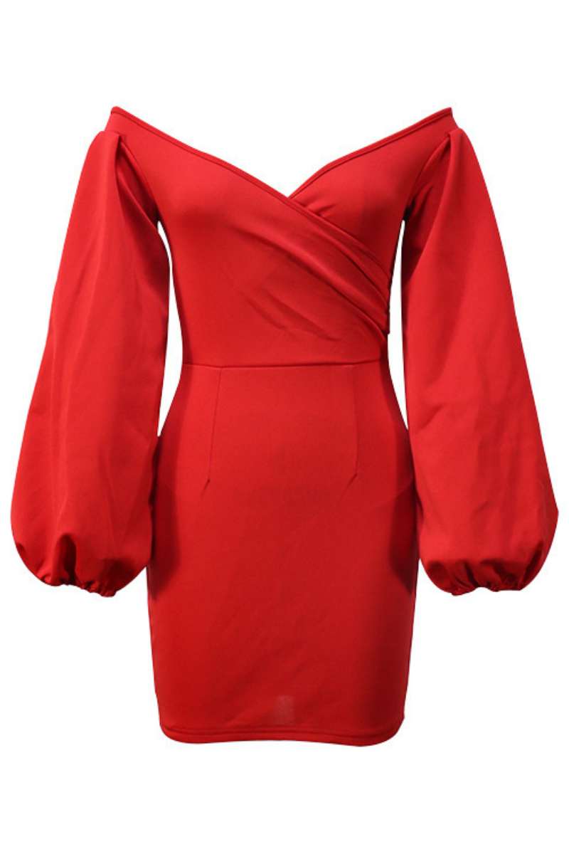 Cinessd Red  Solid Backless V Neck Long Sleeve Dresses