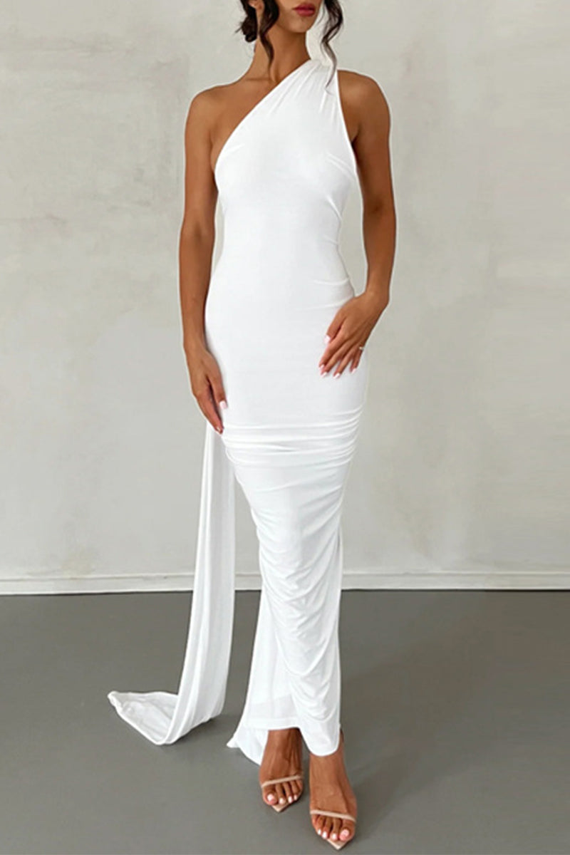 Cinessd White  Solid Backless Oblique Collar Long Dress Dresses