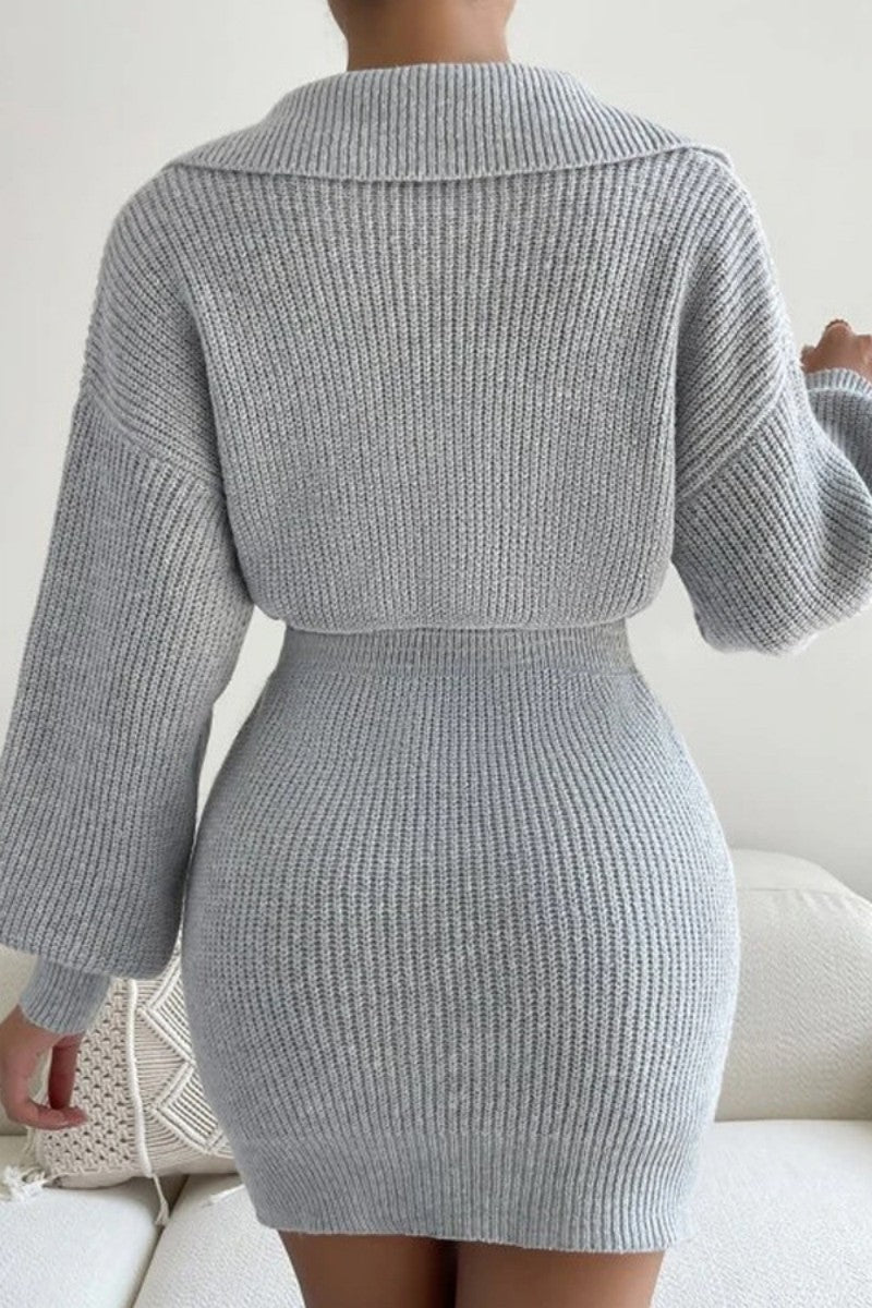 Cinessd Grey Casual Solid Patchwork Turndown Collar Long Sleeve Dresses