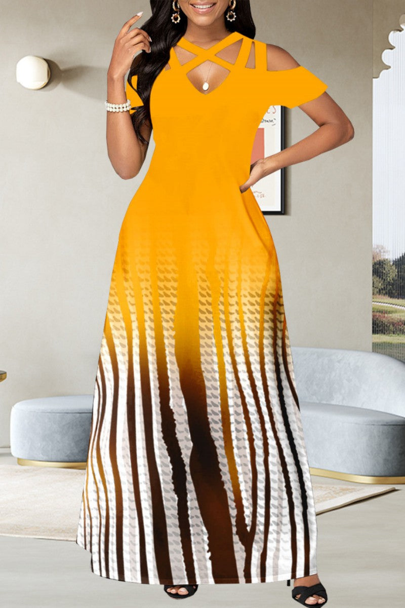 Cinessd Yellow Casual Print Hollowed Out V Neck Long Dress Dresses