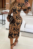 Cinessd Gold Casual Print Basic O Neck Long Sleeve Dresses