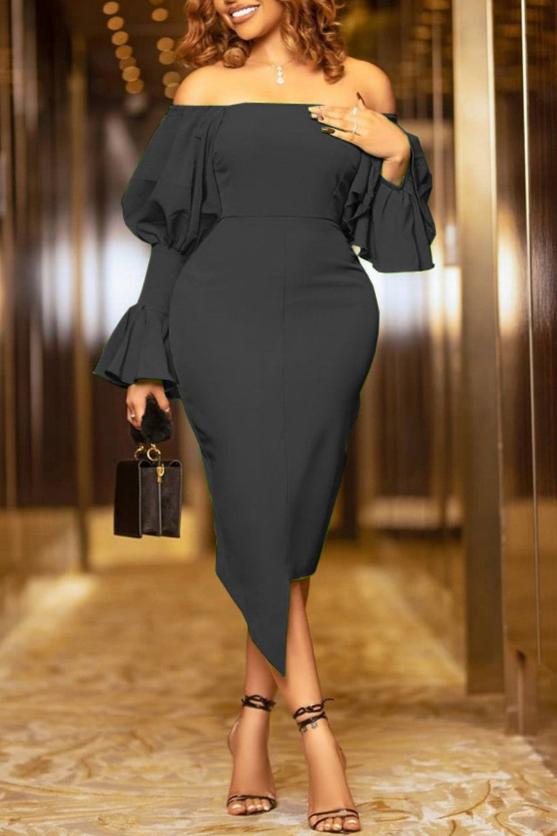 Cinessd Black Casual Solid Backless Asymmetrical Off the Shoulder Long Sleeve Dresses