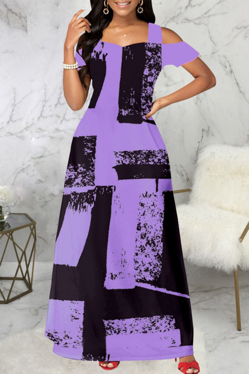 Cinessd Purple Casual Print Hollowed Out Square Collar Long Dress Dresses