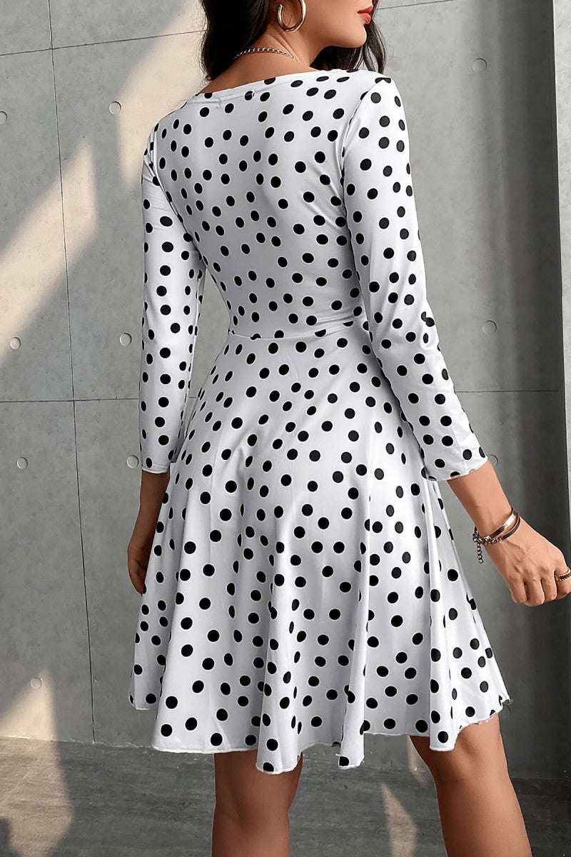 Cinessd White Sexy Casual Dot Print Patchwork V Neck Long Sleeve Dresses