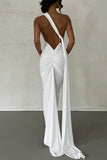 Cinessd White  Solid Backless Oblique Collar Long Dress Dresses