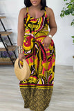 Cinessd Earth Yellow  Casual Print Backless Spaghetti Strap Long Dress Dresses