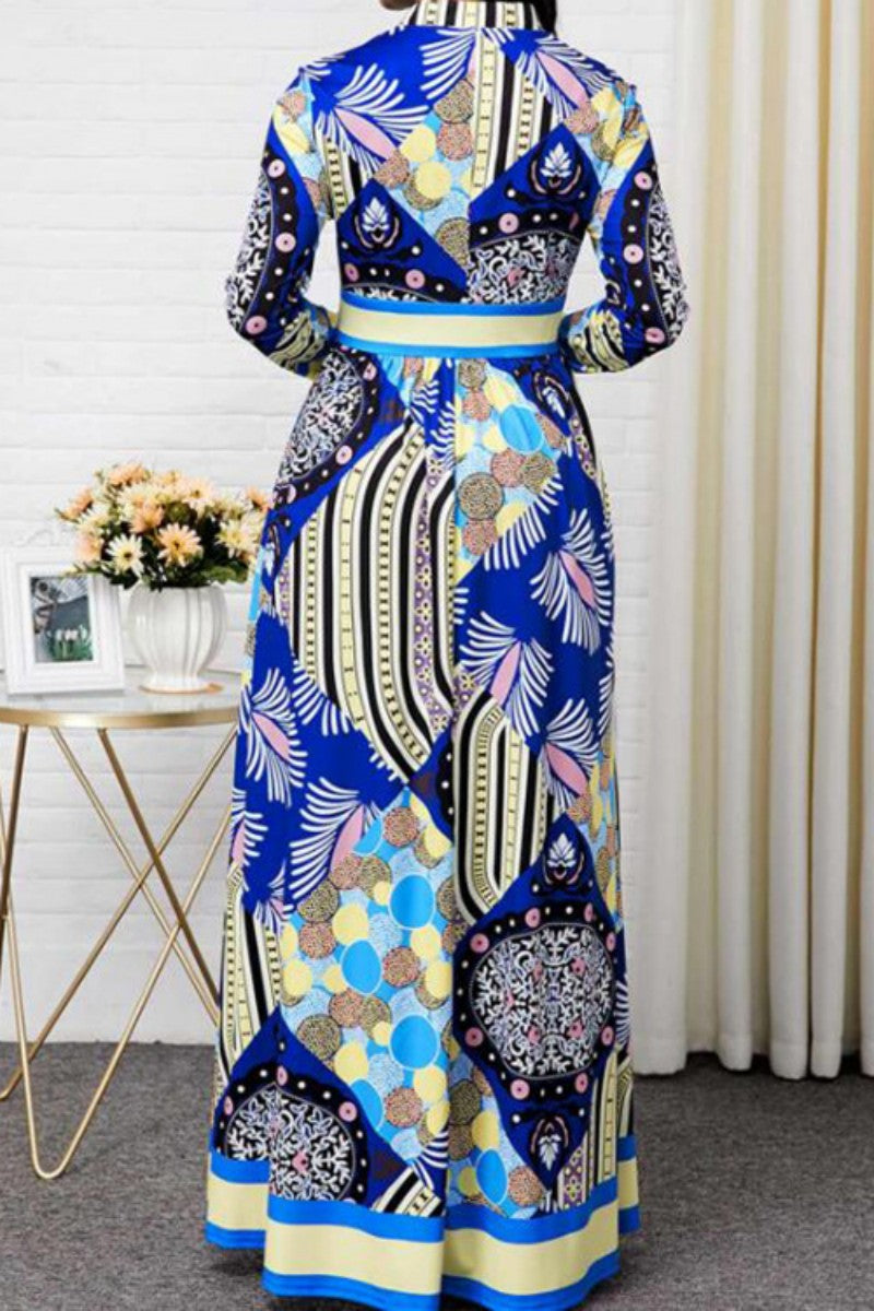 Cinessd Blue Casual Print Basic V Neck Long Sleeve Dresses (Subject To The Actual Object)