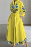 Cinessd Yellow Casual Print Patchwork V Neck Long Sleeve Dresses
