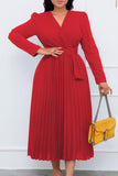 Cinessd Yellow Casual Solid Frenulum Pleated V Neck Long Sleeve Dresses