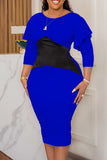 Cinessd Royal Blue Casual Patchwork Contrast O Neck Long Sleeve Dresses
