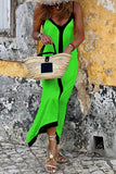 Cinessd Green Casual Solid Patchwork Backless Contrast V Neck Sling Dress Dresses