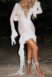 Cinessd White Casual Solid Tassel See-through V Neck Wrapped Skirt Dresses