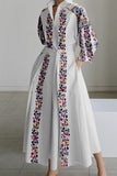 Cinessd White Casual Print Patchwork V Neck Long Sleeve Dresses