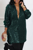 Cinessd Ink Green Casual Patchwork Sequins Shirt Collar Shirt Dress Dresses
