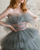 Cinessd  Gorgeous Dusty Blue Ruffled Tulle Prom Dresses Long A Line Tiered Evening Gown Sleeveless Backless Party Dress