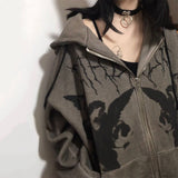 Women Hip Hop Streetwear Hoodies Goth Angel Dark Print Zipper Jacket Coat Harajuku Y2K Hooded Top Clothes Men Women Punk Outwear