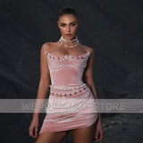 Pink Velour Evening Dresses Long 2021 Luxury Sexy Beads Strapless Prom Gown Simple Mermaid Plus Size Party Dress robes de soirée