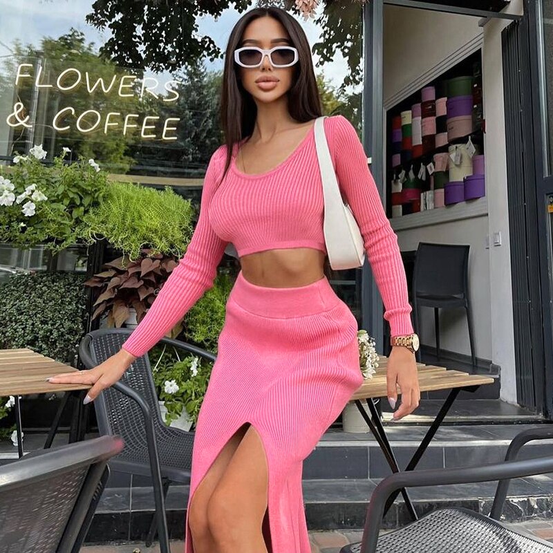 Cinessd Fashion Elegant Solid Ribbed O-Neck Long Sleeve Crop Tops+Side Slit Slim Midi Skirt Two Pieces Set Women Autumn Outfits Sets