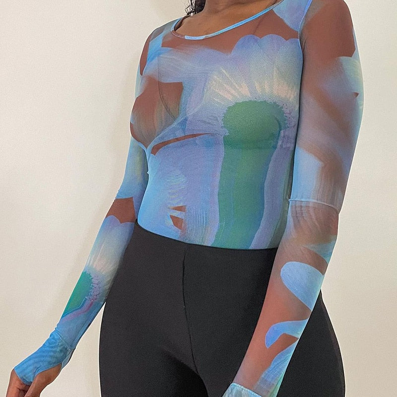 Cinessd  Y2K Tie Dye Print Crop Top Mesh Sheer See Through Long Sleeve T-Shirt Women Summer Sweat Tee E-Girl Aesthetic Streetwear