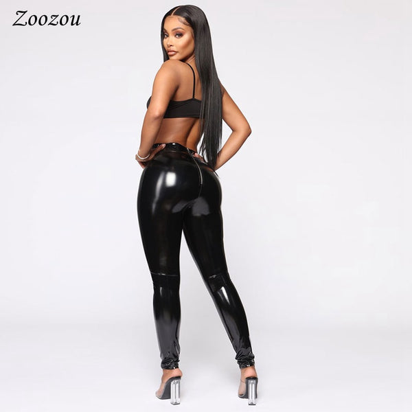 Sexy Latex Pu Leather Pants Leggings Outfit Women Black High Waist Bac ...