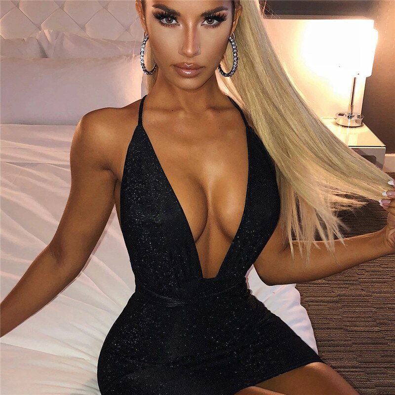 Cinessd   2022 Sleeveless Halter Bandage Sexy Women Dress Backless Bodycon Summer Deep V-Neck Night Club Lace-Up Party Dress