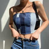 Cinessd Back to school outfit Sexy Patchwork Denim Crop Tops Women Streetwear Y2k Punk Laced Backless Tube Tank Top Party Club Busiter