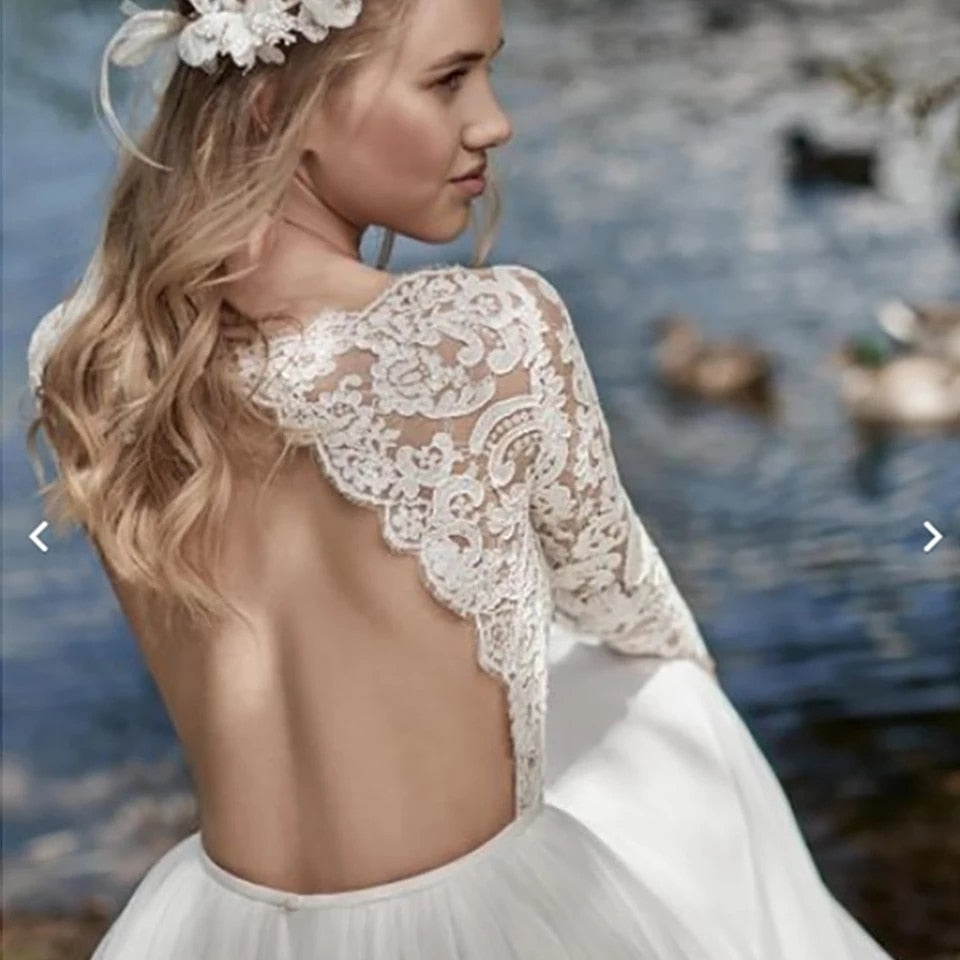 Cinessd  Lace Chiffon Boho Wedding Dresses Long Sleeves 2022 Open Back Robe De Mariee Vintage Beach Floor Length White Ivory Bridal Dress