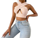 Cinessd Back To School Women's Criss Cross Tank Tops Sexy Sleeveless Solid Color Cutout Front Crop Tops Party Club Streetwear Summer Lady Bustier Tops