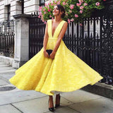 Cinessd Back to school outfit Cute Yellow Cocktail Dresses Short Women Plunging Neckline Prom Dresses Lace Tea-Length A-Line Homecoming Gown Plus Size