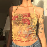 Cinessd  Ladies Summer Sexy Midriff-Baring Camisole Women Floral Printing Stringy Selvedge Hem Hanging Neck Sleeveless Mesh Tops