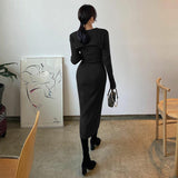 Cinessd Back to school outfit Winter Knit Maxi Dress Women Korean Fashion Two Pieces Shawl Cropped Sexy Hollow Out Bodycon Evening Party Brown Dresses Woman