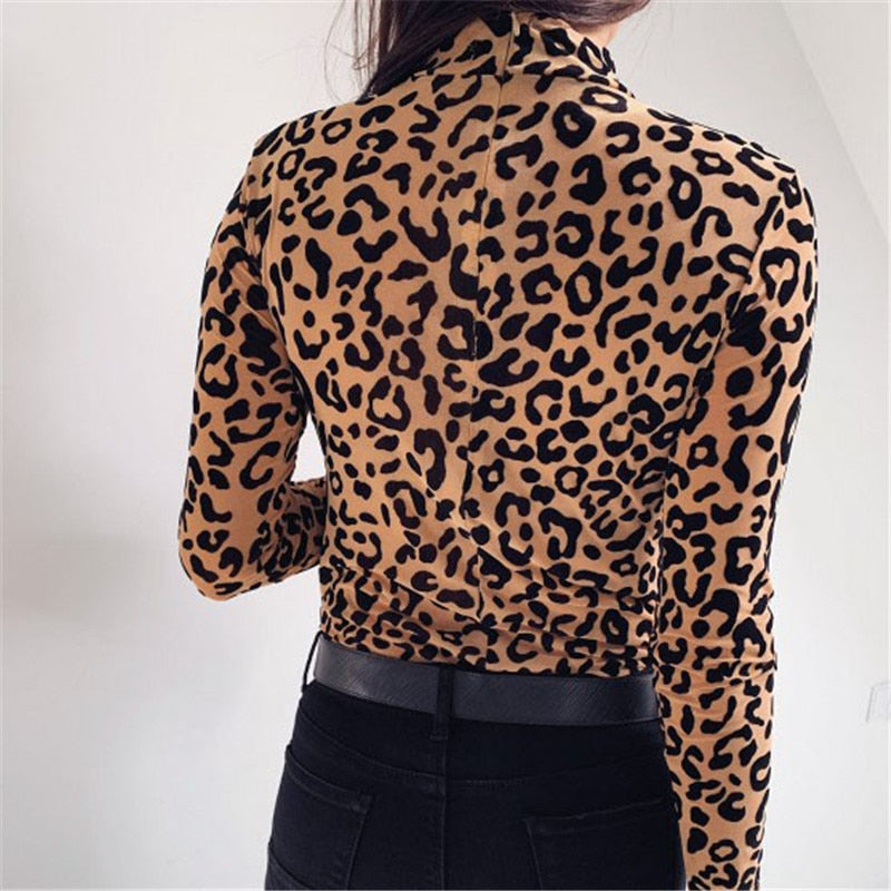 Cinessd  Leopard Floral Sexy Fashion Women Tee Top Pullover Long Sleeve High Neck Club Casual Style Fall Clothes Turtleneck Slim T-Shirts