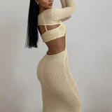 Cinessd Autumn Knitted Sexy See Through Long Sleeve Maxi Dress And Sleeveless Short Camisole Women Party Dresses Two Pieces Set