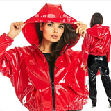 Cinessd  Women Casual Patent Leather Latex Hoodies PU Short Jackets Red Black Loose Long Sleeve Zip-up Sweatshirt Plus Size Leather Coats