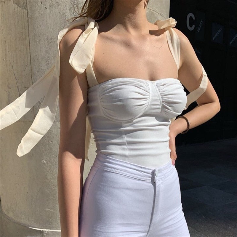 Cinessd Back to school outfitY2K Summer Autumn Tube Crop Top Women Bow Tie Strap Ruched Tank Top Lettuce Edge Elastic Camis 90S Spaghetti Tops