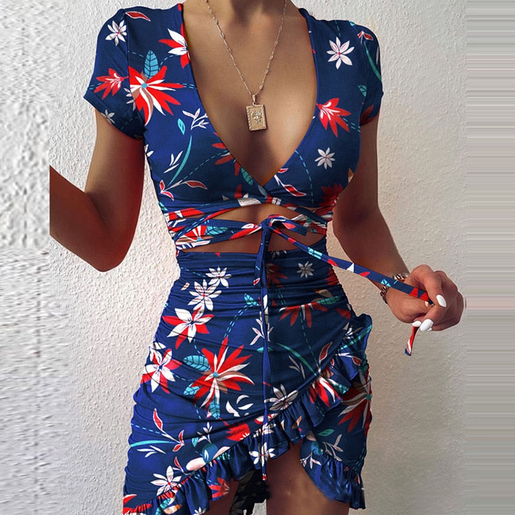 Cinessd  Vestido Femme Floral Print Fashion Tie Up Wrap Mini Dress 2022 Summer Holiday Ruffles Sundress Ruched Women Dresses Short Sleeve