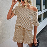 Cinessd Back to school Casual Loungwear Stripe Shorts Set Summer Women Short Sleeve Tee Tops And Loose High Waisted Mini Shorts Two Piece Set New
