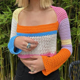 Back to school Y2K Autumn Knitted Long Sleeve Crop Top Crochet Patchwork Vintage Casual T-shirts Tees Fashion Women Beach Summer Clothes