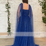 Cinessd Back to school outfit Navy Blue Evening Dress Long 2022 Luxury Sweetheart A-Line Prom Gown Simple Tulle Zipper Party Dress With Cloak Robes De Soirée