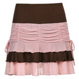 Cinessd   Y2K Aesthetic Pleated Skirts Women Low Waist Ruffles Mini Skirt Patchwork Pink Mesh Cute Kawaii Brown Bodycon Vintage Clothes