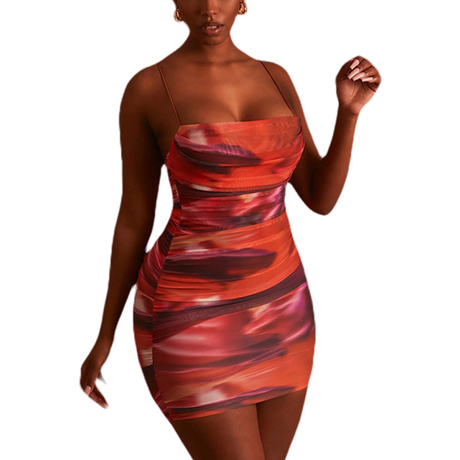 Cinessd  2022 New Style Women Summer Ruched Mini Dress Ladies Tie-Up Gradient Print Spaghetti Strap Short Dress Streetwear