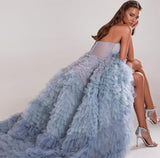 Cinessd Elegant Long Prom Dresses Sweetheart Crumpled Tulle Ruffles Evening Dress Sleeveless Tiered A-Line Party Gown