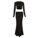 Cinessd Y2k Two Piece Sets Womens Sexy Hollow Skinny Crop Top+Shirring Sheath Long Skirt Elegant Matching Streetwear Outfit 2022 New