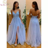 Prom Dresses Light Blue Split Prom Dresses Lace Applique Beaded 2024 V Neck Spaghetti Strap A Line Tulle Backless Evening Gown Formal Party