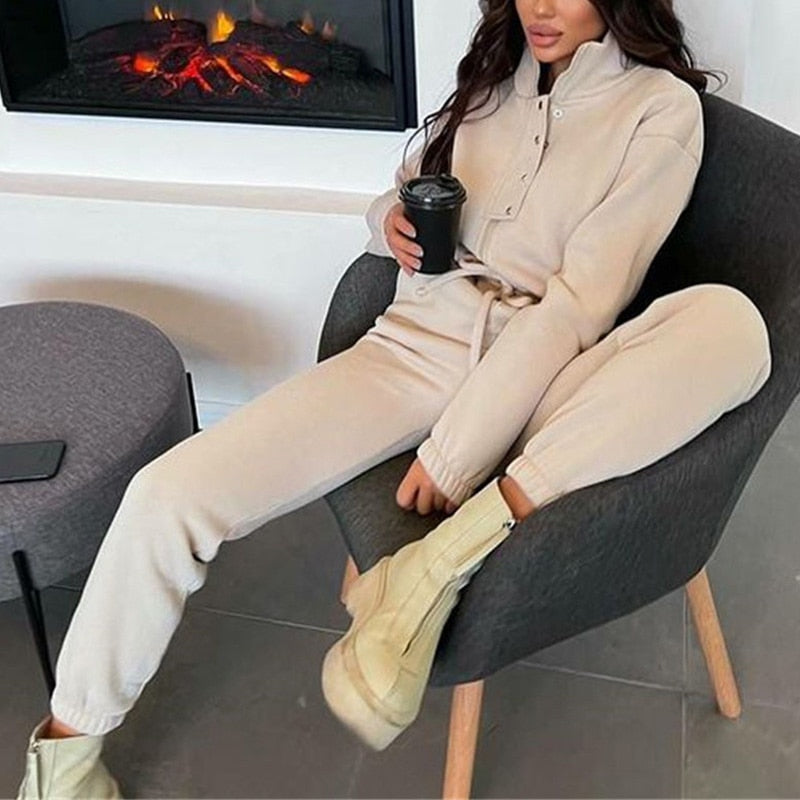 Cinessd Back to school Casual Stand Collar Jumpsuits Women Autumn Winter Zipper One Piece Long Sleeve Outfit Solid Loose Drawstring Rompers Tracksuits