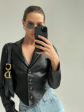 Cinessd  Autumn Fashion PU Leather Cropped Jackets For Women Tops Long Sleeve Bodycon Top  Autumn 2022 Button Up Top Punk Streetwear