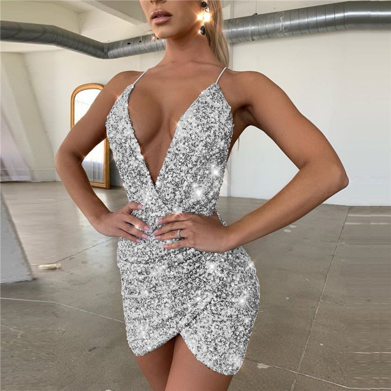 Cinessd Mini Glitter Sexy Dress Wrap Deep V Neck Backless Diamond Club Summer Bodycon Party Dress Women Spaghetti Strap Dresses